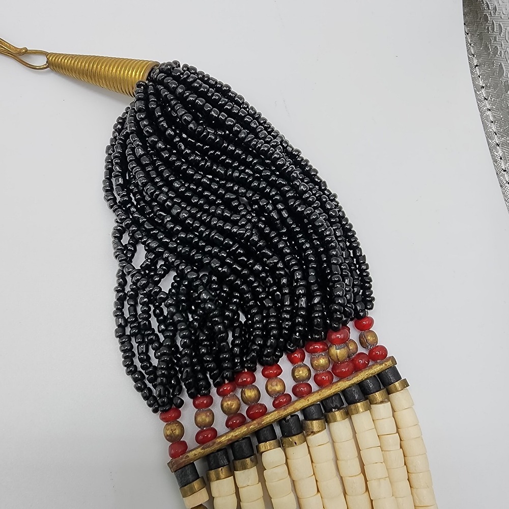 Vintage Boho Tribal Ethnic Black Glass Seed Bead Waterfall Layered Bib Necklace - Picture 9 of 16